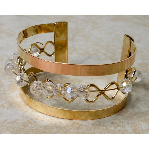 Vintage Art Deco Style Rhinestone Gold Tone Cuff Bracelet , Sliding Beads - Picture 3 of 6